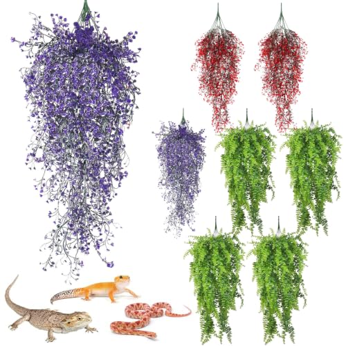 PINVNBY 8 Pack Reptile Plants Terrarium Hanging Fake Vines with Suction Cup Artificial Leaves for Bearded Dragons Lizards Geckos Snake Hermit Crab (4PCS Green, 2PCS Purple and 2PCS Red) - color: 8pcs (4 X Green, 2 X Purple, 2 X Red)