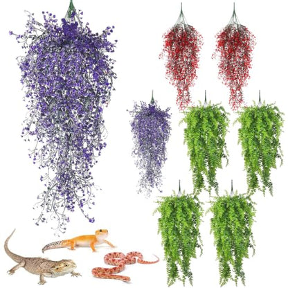 PINVNBY 8 Pack Reptile Plants Terrarium Hanging Fake Vines with Suction Cup Artificial Leaves for Bearded Dragons Lizards Geckos Snake Hermit Crab (4PCS Green, 2PCS Purple and 2PCS Red) - color: 8pcs (4 X Green, 2 X Purple, 2 X Red)