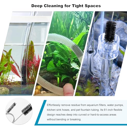 2-Pack 61-in Flex Dual-Ended Nylon Tube Brush for Aquarium Hoses & Pipes | Sturdy steel core with tough bristles. Cleans drains, kitchen pipes, pumps, narrow tubes. Ideal for aquariums.