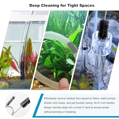 2-Pack 61-in Flex Dual-Ended Nylon Tube Brush for Aquarium Hoses & Pipes | Sturdy steel core with tough bristles. Cleans drains, kitchen pipes, pumps, narrow tubes. Ideal for aquariums.