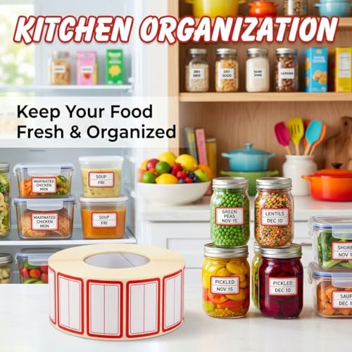 500Pcs 40x25mm 2-Line Red Border Freezer Labels, Writable Stickers | 500Pcs 40x25mm labels; removable writable adhesive for jars, containers, meal prep, pantry storage, and freezer use. - color: 500pcs Red 2-line