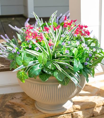 Starttag Artificial Bunches Greenery Plants Fake Plastic Leaves with Stems UV Resistant Outside Faux Plants Bushes for Outdoor Patio Garden Front Porch Yard Decor - color: Mix-1
