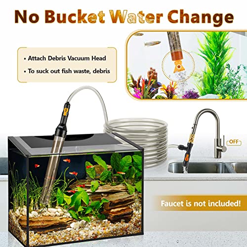 hygger Bucket-Free Aquarium Water Change Kit Metal Faucet Connector Fish Tank Vacuum Siphon Gravel Cleaner with Long Hose 25FT Drain & Fill - size: 25 Foot(Pack of 1)