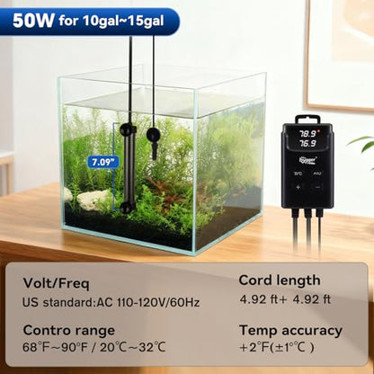 hygger Aquarium Heater,Submersible Fish Tank Heater with External Digital Display, Including Overheat & Leakage Protection and Temperature Sensor for Freshwater and Saltwater (50W for 10gal~15gal) - size: 50W for 10gal~15gal