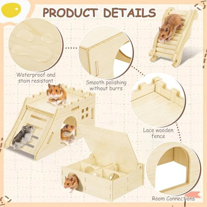 BreezeHug 4 Pcs Hamster Cage Accessories Hamster Platform Hideout Wooden Tunnel Ladder Playhouse Game Climbing Toy with Platform for Pets Dwarf Syrian Mice Degus Gerbils Squirrel(Castle) - style: Castle