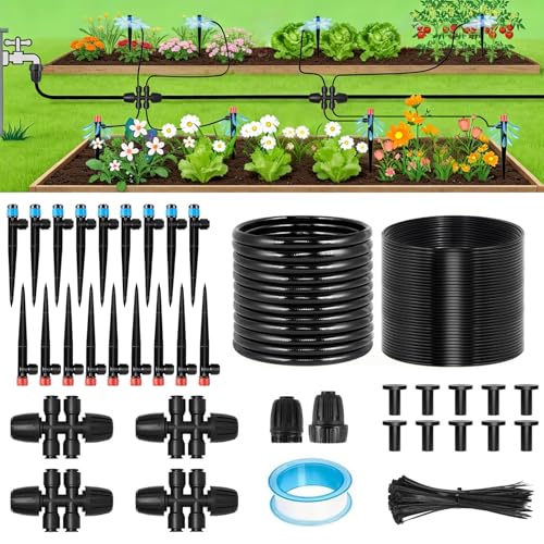 Drip Irrigation System, 106FT Quick Connect Garden Watering | Automatic watering with leak-free push-fit connectors, adjustable drip emitters for gardens, raised beds, greenhouses & lawns - size: 24FT 1/2''Main tube+82FT 1/4'' tube