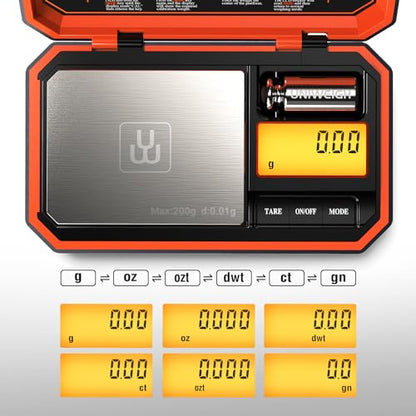 Digital Pocket Scale 200g/0.01g Precision Digital Scale Grams | 6 Units Jewelry Scales,Coins Scale with LCD Display,Tare Function for Food,Powder,small items(Battery Included)-Orange - color: Orange