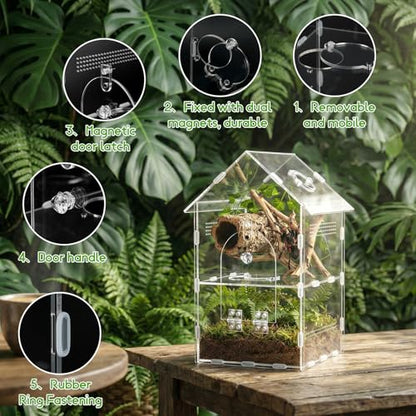 Acrylic Jumping Spider Enclosure,7.9"×7.5"×13.8", 2-Layer Arboreal Tarantula Enclosure with Partition & Feeding Hole, for Gecko Amphibians Chameleon & Small Reptiles
