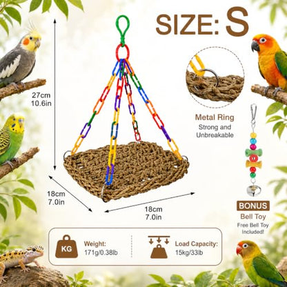 Reptile Hammock Lizard 、Parrot Basking Platform, Size S | Aquarium Grass Woven, Rainbow Chain Hammock, Bird Perch Swing Toy, Climbing Ladder for Bearded Dragon Gecko Chameleon - size: S