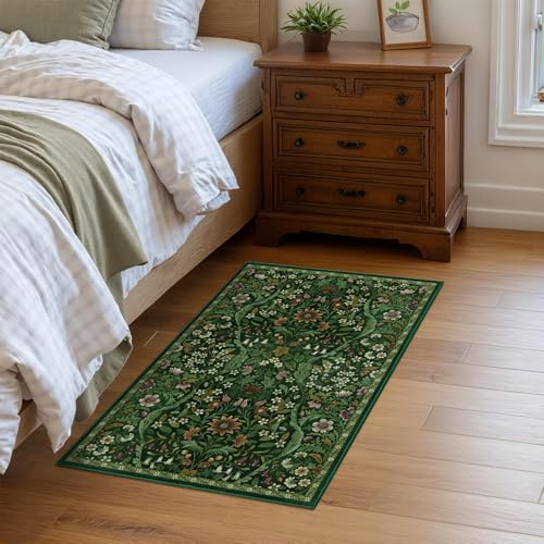 Floral 2x3 Entryway Rug Washable Door Mat Indoor Throw Rug,Green | Non Slip, Low Pile Door Mat, Washable, Boho Carpet, Green Botanical Print, for Bathroom, Kitchen, Laundry, Indoor Entrance - color: Dark Green, size: 2' x 3' (Rectangular)