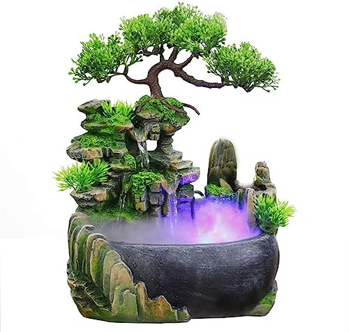 BRAVECOW Indoor Relaxation Desktop Fountain Waterfall with Atomizer and Automatic Pump Illuminated Waterfall Desktop Fountain for Home Office Bedroom Desk Decoration