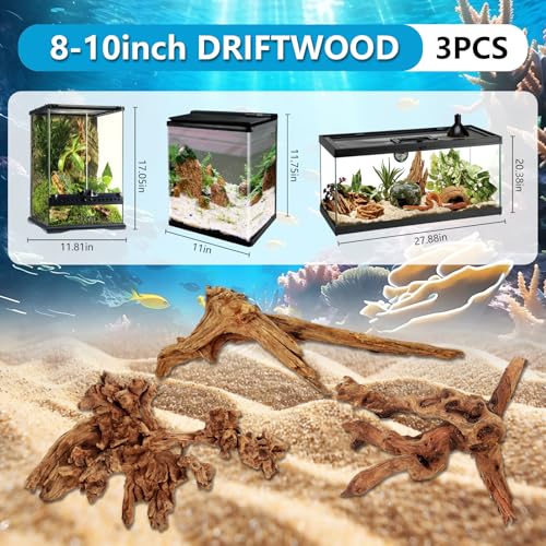 3 PCS Large Natural Aquarium Driftwood 8-10", Aquarium Drift Wood for Fish Tank Decoration, Assorted Size Mopani Wood Twisted Branches Trunk Decor for Freshwater, Reptile Terrarium - color: Mopani Driftwood 8-10in(3PCS)