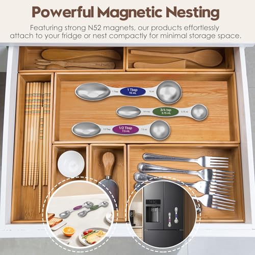 Magnetic Measuring Spoons Set with Measurement Markings | Colorful | Heavy duty 304 stainless steel spoons with strong N52 magnets & triple measurement markings for easy nesting & cleaning. - color: Magnetic Measuring Spoons Set - Colorful