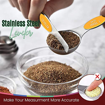 Magnetic Measuring Spoons Set of 9 Stainless Steel Dual-Sided Stackable Measuring Spoon Nesting Teaspoons Measuring Dry and Liquid Ingredients, Fits in Spice Jars Set of 9 (Orange) - color: Orange