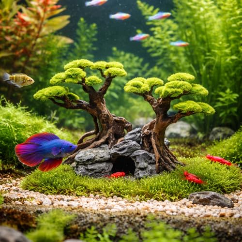 Fish Tank Decor Aquarium Bonsai Tree Resin Ornament with Faux Moss Aquascaping Decoration Artificial Landscape Centerpiece Safe & Fade-Resistant for Betta Shrimp Goldfish