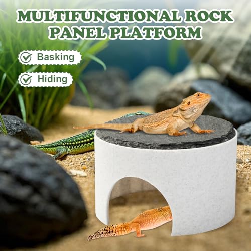 3 in 1 Reptile Basking Platform for Bearded Dragon, Leopard Gecko | Round Reptile Hides and Caves, with Heat Absorbing Slate Rock, 3.5×3.5×2.2 Inch