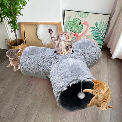 3-Way Collapsible Cat Tunnel Tube Toy Grey Plush | Interactive Play Tunnel with Hanging Ball & Peek Hole for Indoor Cats, Kittens, Puppies & Rabbits | Hours of Fun & Exercise - color: Grey Plush