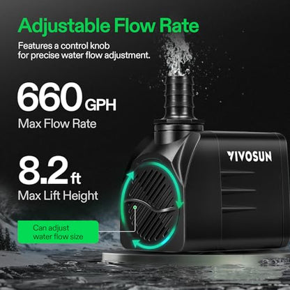 VIVOSUN 660GPH Submersible Fountain Water Pump for Pond, Aquarium, Statuary | 2500L/H 35W Aquarium Pump, Ultra Quiet Fountain Pump with 8.2ft/2.5m High Lift for Fish Tank, Hydroponics - size: 6"×4"-660
