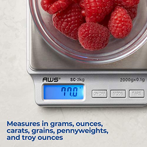 American Weigh Scales SC Series Precision Digital Kitchen Weight Scale, Food Measuring Scale, 2kg x 0.1g (Silver), AMW-SC-2KG - size: 2000g x 0.1g