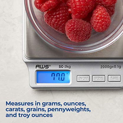 American Weigh Scales SC Series Precision Digital Kitchen Weight Scale, Food Measuring Scale, 2kg x 0.1g (Silver), AMW-SC-2KG - size: 2000g x 0.1g