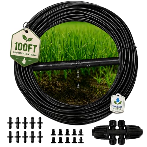 MIXC 1/4" Irrigation Dripline Tubing (100 Ft Roll), Saving 80% Water, 6" Emitter Spacing, 0.5 GPH Emitters Built-In Drip Irrigation Line with 1/4" Fittings Included, Black - size: 100FT