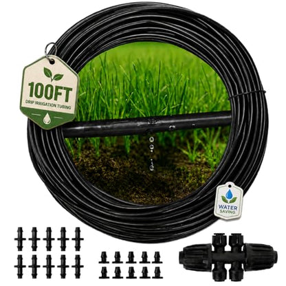 MIXC 1/4" Irrigation Dripline Tubing (100 Ft Roll), Saving 80% Water, 6" Emitter Spacing, 0.5 GPH Emitters Built-In Drip Irrigation Line with 1/4" Fittings Included, Black - size: 100FT