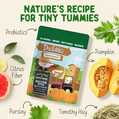 DOC EDDIE'S Digestive Bites - Plant-Based Small Animal Treats for Rabbits, Guinea Pigs, Hamsters, Gerbils, and More - Probiotics Supplement Made with Timothy Hay, Real Fruits, and Veggies
