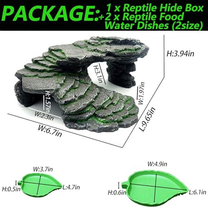 3PCS Turtle Basking Platform Tortoise Resin Dock Tortoise Climbing Ramp Shale with Leaf Tortoise Food Dish Reptile Food Water Bowls Great for Reptiles,Amphibians and Fish
