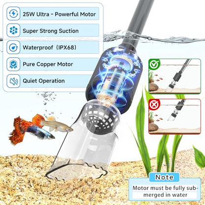 fishkeeper Electric Aquarium Gravel Cleaner, 6 in 1 Automatic Fish Tank Cleaning Tools Gravel Vacuum for Aquarium, Suitable for Water Change Wash Sand Water Circulation Adjustable Flow (25W, 265GPH)