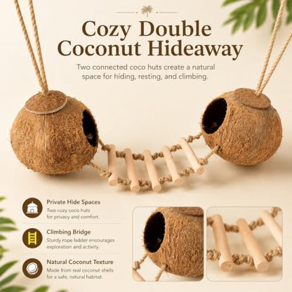 RUNANIA Crested Gecko Tank Accessories, Reptile Hanging Plants Vines with Natural Double Coconut Hideout & Climbing Ladder Decor for Hermit Crab Lizard Leopard Gecko Chameleon Snake Terrarium Decor