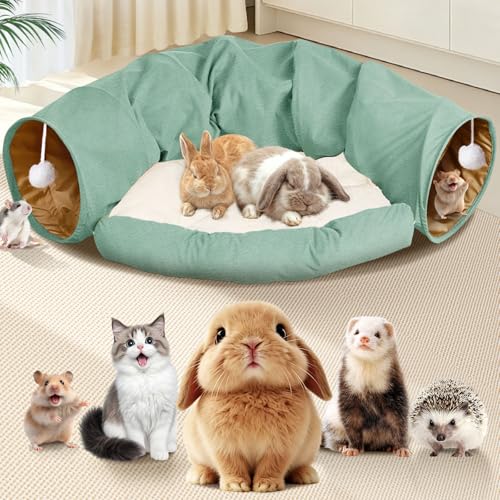 Spardar 2-in-1 Bunny Tunnel Bed, with Removable Mat Hideout, Matcha Green | Collapsible Tunnel Tubes Toys, Washable, Interactive Toys for Rabbits, Chinchilla, Hedgehog, Guinea, Kitty - color: Matcha Green