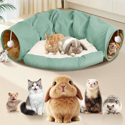Spardar 2-in-1 Bunny Tunnel Bed, with Removable Mat Hideout, Matcha Green | Collapsible Tunnel Tubes Toys, Washable, Interactive Toys for Rabbits, Chinchilla, Hedgehog, Guinea, Kitty - color: Matcha Green