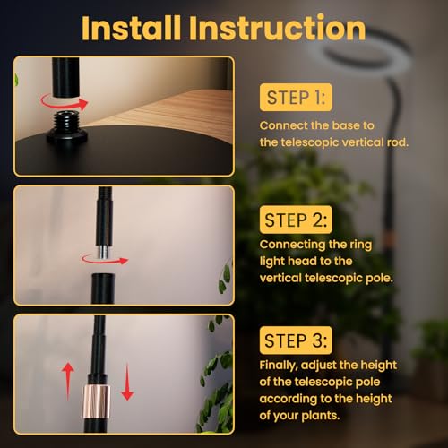 bseah Grow Light, LED Plant Light for Indoor Plants Growing, Full Spectrum Desk Grow Lamp with Pedestal, Automatic Timer for 3H/9H/12H, 10 Dimmable Levels, Height Adjustable - color: Black