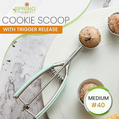 Spring Chef Medium Stainless Steel Cookie Scoop, #40, 1.7 Tablespoon, Mint | Multifunctional Cookie Dough Scoop for Baking, Melon Scooper, Ice Cream Scoop w/ Soft Grip & Trigger Release, Dishwasher Safe - color: Mint, size: #40 - Medium - 1.7 Tbsp