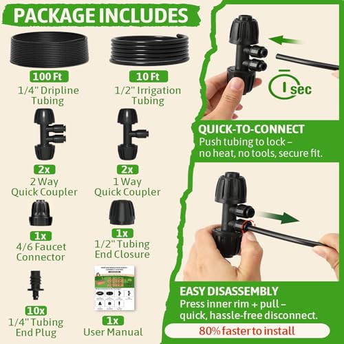 MIXC 1/4" Irrigation Dripline Tubing Kit (100 Ft) with 10Ft 1/2" Main Line | Saving 80% Water, 6" Emitter Spacing, Built-in 0.5GPH Drippers, 1/4" Push-to-Connect Fittings, for Raised Bed Garden Rows