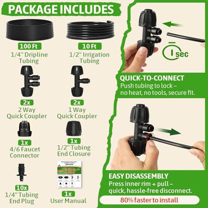 MIXC 1/4" Irrigation Dripline Tubing Kit (100 Ft) with 10Ft 1/2" Main Line | Saving 80% Water, 6" Emitter Spacing, Built-in 0.5GPH Drippers, 1/4" Push-to-Connect Fittings, for Raised Bed Garden Rows