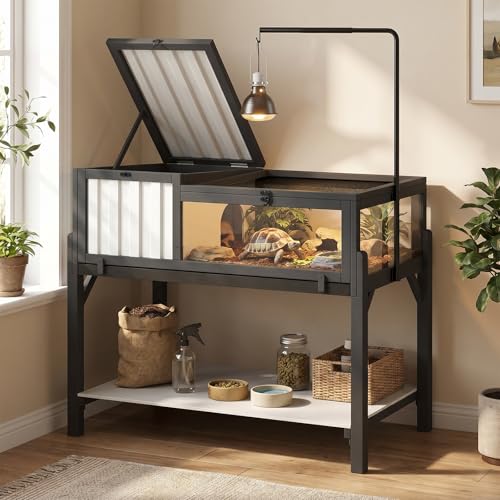 PetsCosset Indoor Tortoise Habitat with Storage Shelf & Adjustable Metal Light Stand, Modern Tortoise Enclosure with PVC Shelter, Elevated Tortoise Table for Sulcata, Hermann's & Russian Tortoises - size: 40.4"L x 22.8"W x 34.2"H