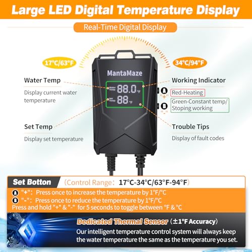 Submersible Aquarium Heater,300W/500W/800W/1000W Fish Tank Heater | 20-300 Gal Aquarium Heater for Fresh & Saltwater, Intelligent Leaving Water Automatica Stop Heating, Overheating Protection