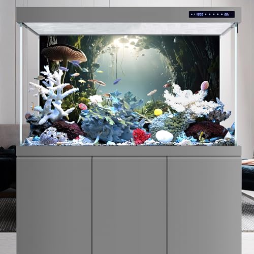 AWERT 30x12 inches Aquarium Background Foggy Stone Mushroom Moss Terrarium Background Polyester Green Plants Cave Fish Tank Background - size: 30x12in/75x30cm