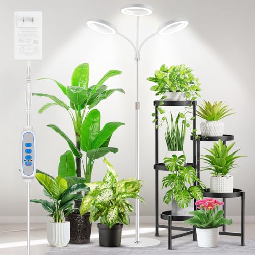 Aumtrly 3 Head Grow Light Full Spectrum LED for Tall Indoor Plants Growing | 68" Adjustable Floor Stand, 6/12/16H Timer, 5 Dimming Levels, Large White Halo Lamp Design, Flexible Gooseneck, Metal Base - size: 3 head 68inch/white