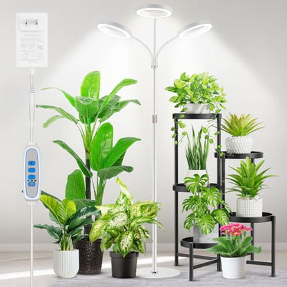 Aumtrly 3 Head Grow Light Full Spectrum LED for Tall Indoor Plants Growing | 68" Adjustable Floor Stand, 6/12/16H Timer, 5 Dimming Levels, Large White Halo Lamp Design, Flexible Gooseneck, Metal Base - size: 3 head 68inch/white