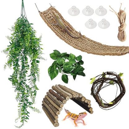 kathson Bearded Dragon Tank Accessories, Large Reptile Hide Wooden Bridge Seagrass Hammock Jungle Climber Vines Leaves and Plant Reptile Habitat Decor for Chameleon Lizards Gecko Snakes Climbing