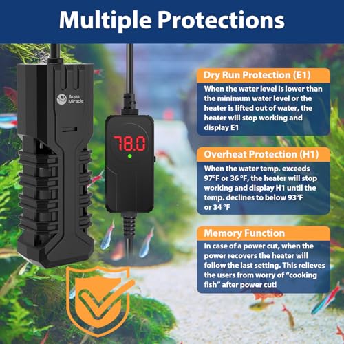 AquaMiracle Submersible Aquarium Heater with LED Digital Temp Display, Fish Tank Heater with Dry-Run & Over-Temp Protection, for Freshwater Saltwater Aquariums(50W/5-10Gal) - size: For 5-10 Gal Tank