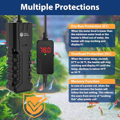 AquaMiracle Submersible Aquarium Heater with LED Digital Temp Display, Fish Tank Heater with Dry-Run & Over-Temp Protection, for Freshwater Saltwater Aquariums(50W/5-10Gal) - size: For 5-10 Gal Tank