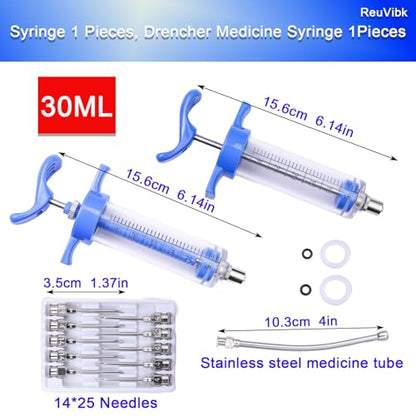 2Pcs 30ML Livestock Syringe, Reusable Adjustable Goat Drench Syringe, with 1 Drench Nozzle 10 Needles, Suitable for Medium And Large Poultry Such As Pigs, Sheep, Cattle, Horses, Etc - size: 30ML
