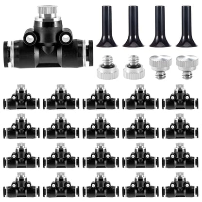 48 Pcs Misting Nozzles Kit,0.012 Orifice (0.3 mm) Mister Nozzles | Brass,10/24 UNC Nozzles,1/4 Inch Sliding Lock Tees for Outdoor Cooling System 20 Tees,20 Nozzles,4 Brass Plugs,4 Black Plugs - size: 48 Pcs Misting Nozzles Kit