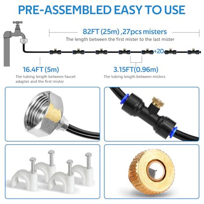 Misting Cooling System, 98FT(30M) Pre-Assembled Kit with 27 Brass Nozzles & 3/4" Brass Adapter, Cooling Mister for Patio, Backyard, Pets, Garden & Greenhouse - size: 98FT / 30M