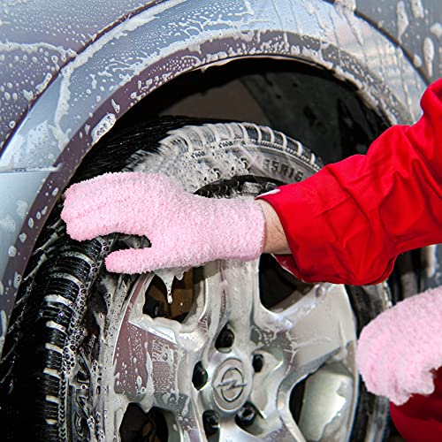 4 Pairs Microfiber Dusting Gloves Washable Reusable Cleaning Gloves Mittens for Plants House Cleaning Car Blinds - color: Green, Water Blue, Pink, White, size: Large