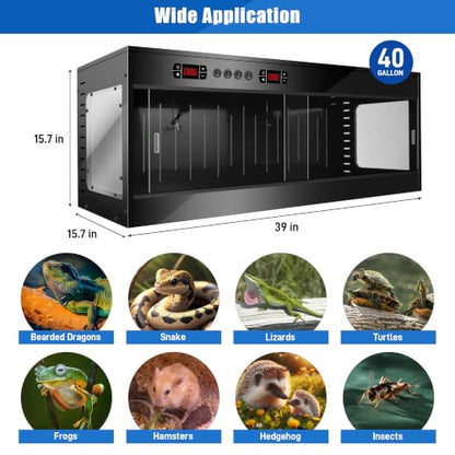 PVC Reptile Tank Enclosure-40 Gallon Intelligent Bearded Dragon Tank, Front Opening Reptile Terrarium 39x15.7x15.7 with Temperature Controller, Mat & Sliding Door Handle for Snake Lizard Gecko