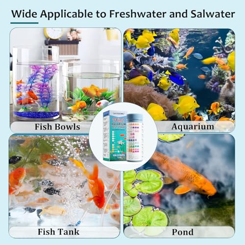 Aquarium Water Test Kit 11 in 1,100 Counts Ammonia Aquarium Test Kits Fish Tank Test Strips Freshwater & Saltwater pH Testing Strips for Ammonia,